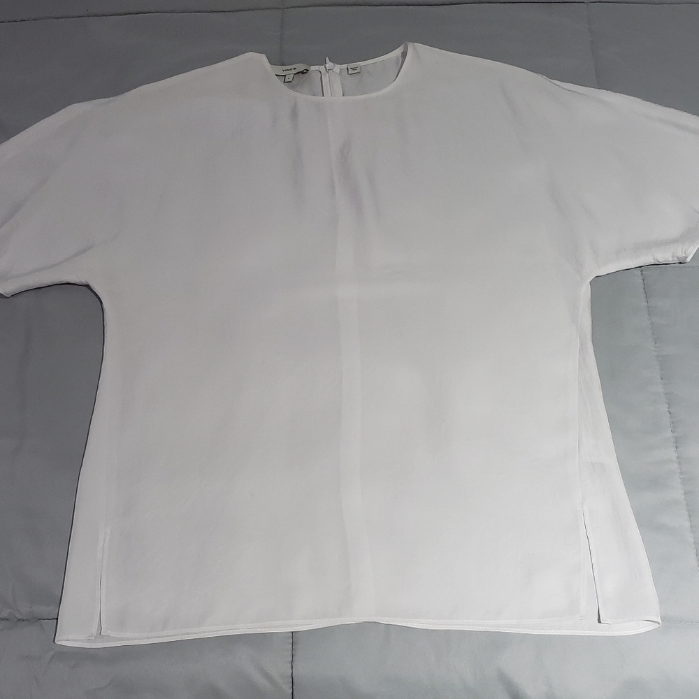 VINCE White Crinkled Drape Twill Relaxed-Fit Short Sleeve Top Size Small - Picture 7 of 8